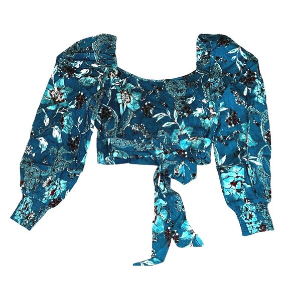 Band of the Free Sybille Teal Floral Crossover Crop Top Sz Small Womens Deep Tea - Picture 3 of 13